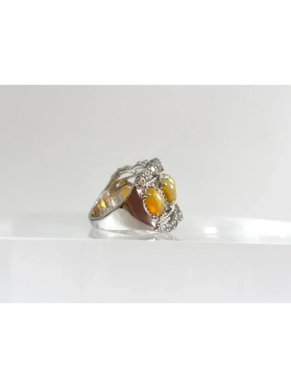 Ethiopian Opal Stone Row Set Scalloped Sterling Silver 925 Vintage Ring - sz 8